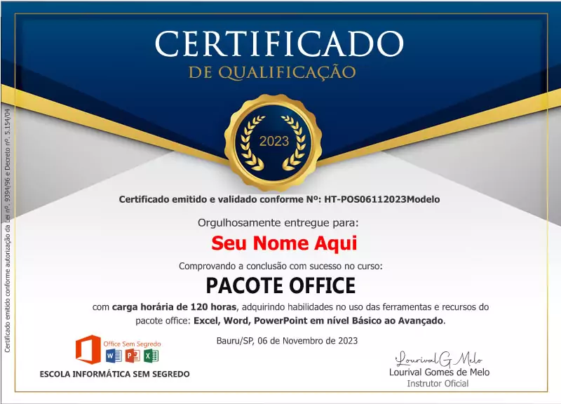 Certificado de Conclusão Reconhecido - Curso Pacote Office Sem Segredo [2024]